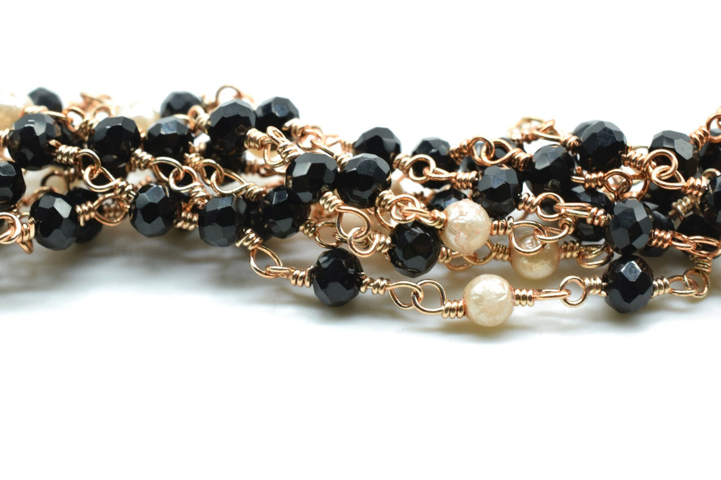 Black Spinel 3mm Rosary Style Beaded Chain, Black Spinel Faceted Beads Wire Wrapped Chain,Brass chains,Jewelry Making Chains,pearl rosary