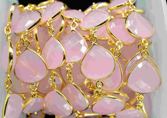Rose Quartz Gold Plated Bezels Chain, 12mm Heart Shape Bezels Chain, Rose Quartz Briolette Faceted Connectors Chain, Gemstone Bezels Jewelry