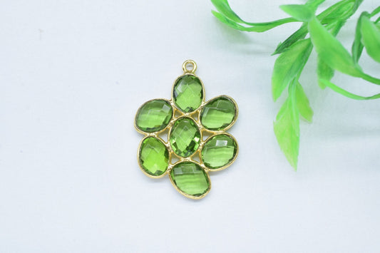 Peridot Quartz Flower Pendant,Chandelier Earring Connector,Station Bezel Link Supply,Gemstone single bail connector,Handmade Jewelry,Gift