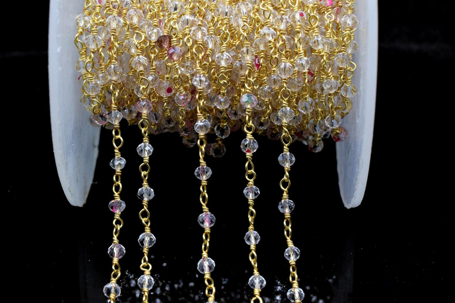 Crystal Quartz 3mm Beaded Chain,Rosary,Crystal Quartz Wire Wrap Chain,Crystal Quartz Brass chain Jewelry Making Chain,Crystal Quartz Rosary