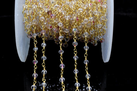 Crystal Quartz 3mm Beaded Chain,Rosary,Crystal Quartz Wire Wrap Chain,Crystal Quartz Brass chain Jewelry Making Chain,Crystal Quartz Rosary