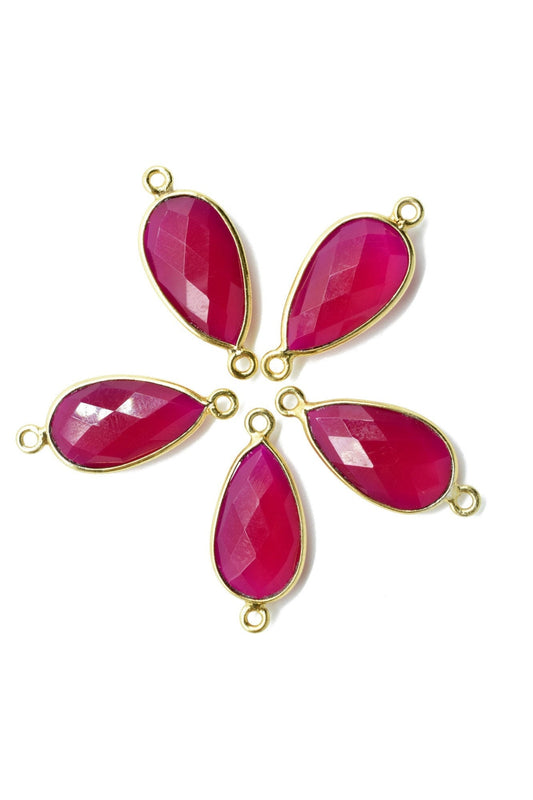 Pink chalcedony 10x18mm Pear shape double loop connectors,Checker Board cut Pink Chalcedony Pendant,Hot Pink charms,Fuchsia Pink Chalcedony