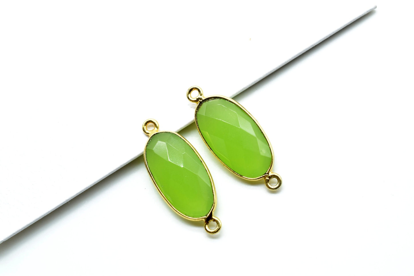 Prehnite 10x20mm oval shape double loop connectors,Gold bezel,Prehnite Connector Bezel Set,Jewelry Making Supplies,Prehnite gold Connectors