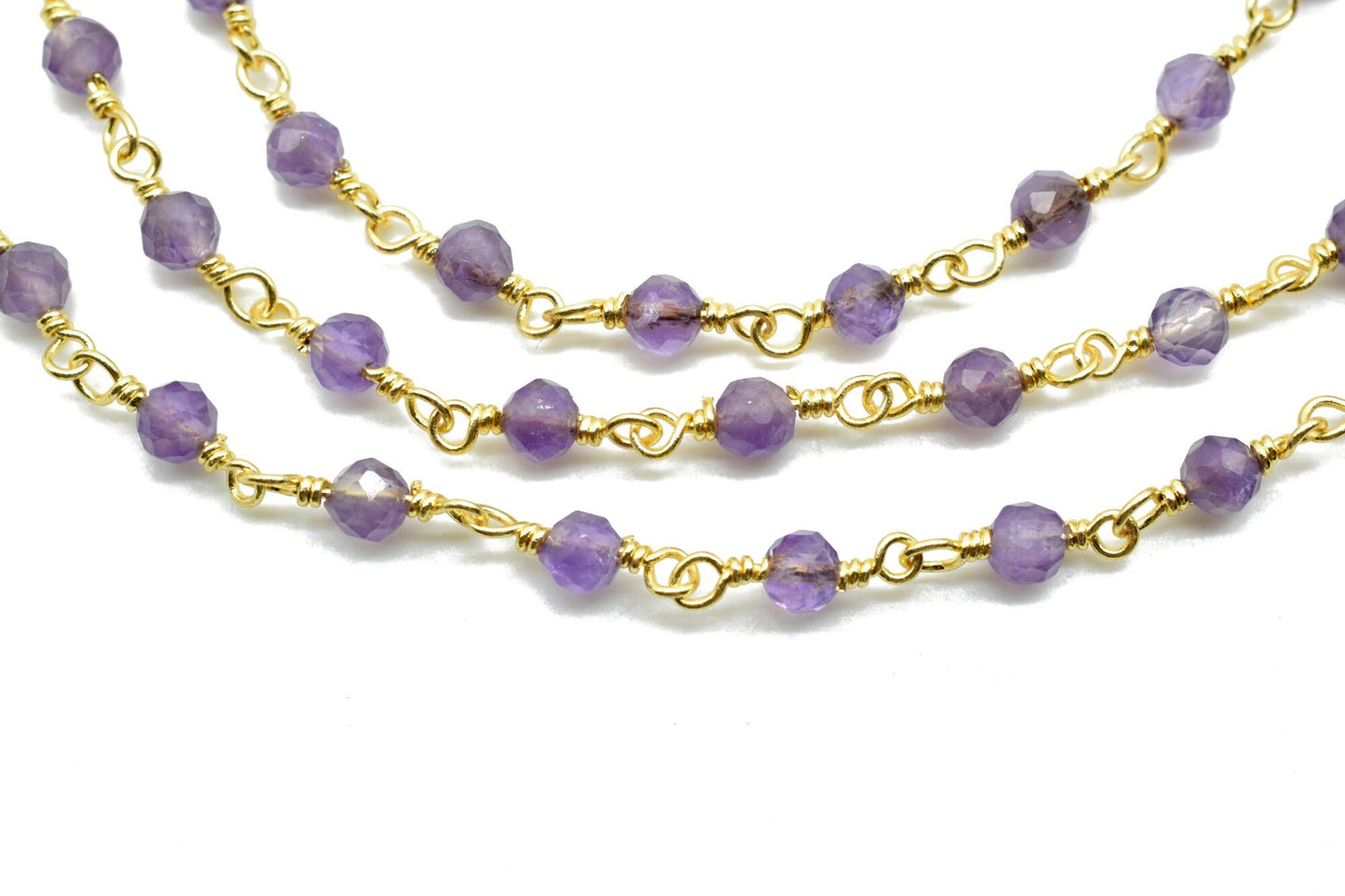 Amethyst 3mm Beaded Chain,Amethyst wire wrapped rosary chain,Roundel Faceted Gold Plated Beaded Rosary Chain,Beautiful Amethyst Beaded Chain