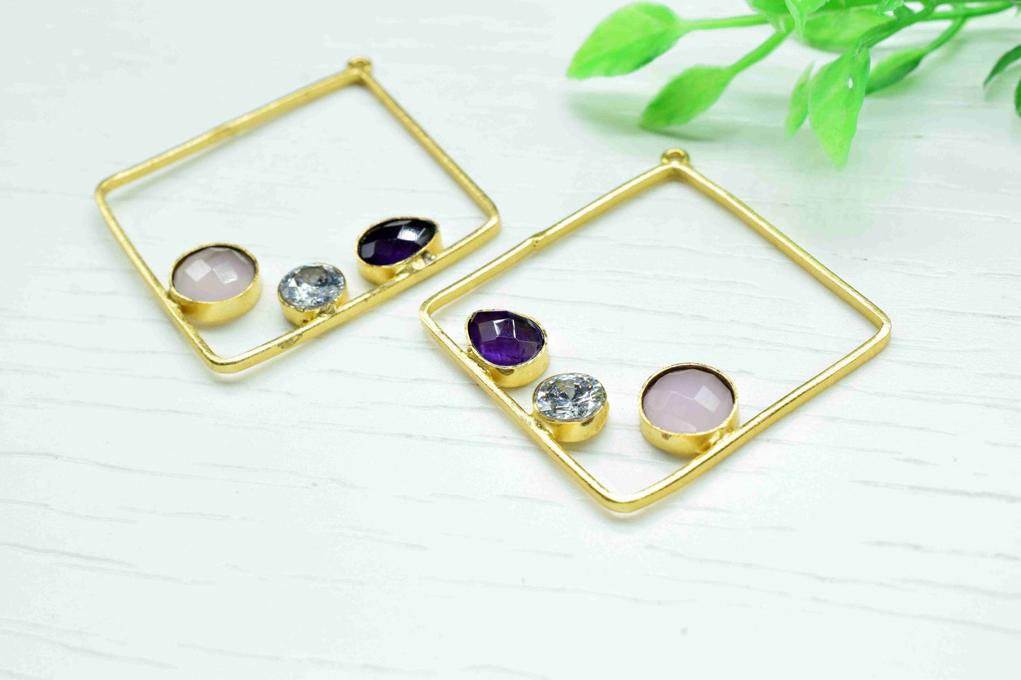 Rose Quartz Connector,Gemstone 32mm Square Shape Component,Amethyst Earring,Finding Necklace Component Jewelry,Multi Stone Earring Connector