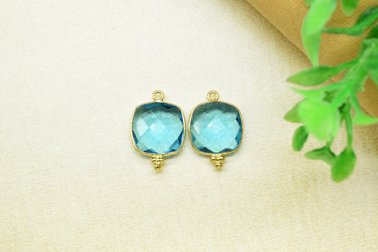 Blue Topaz 14mm Cushion Bezel charms,Station Bezel Jewelry Supplies,Blue Topaz Jewelry,Square Shape Pendant,Blue Topaz Gemstone Connectors