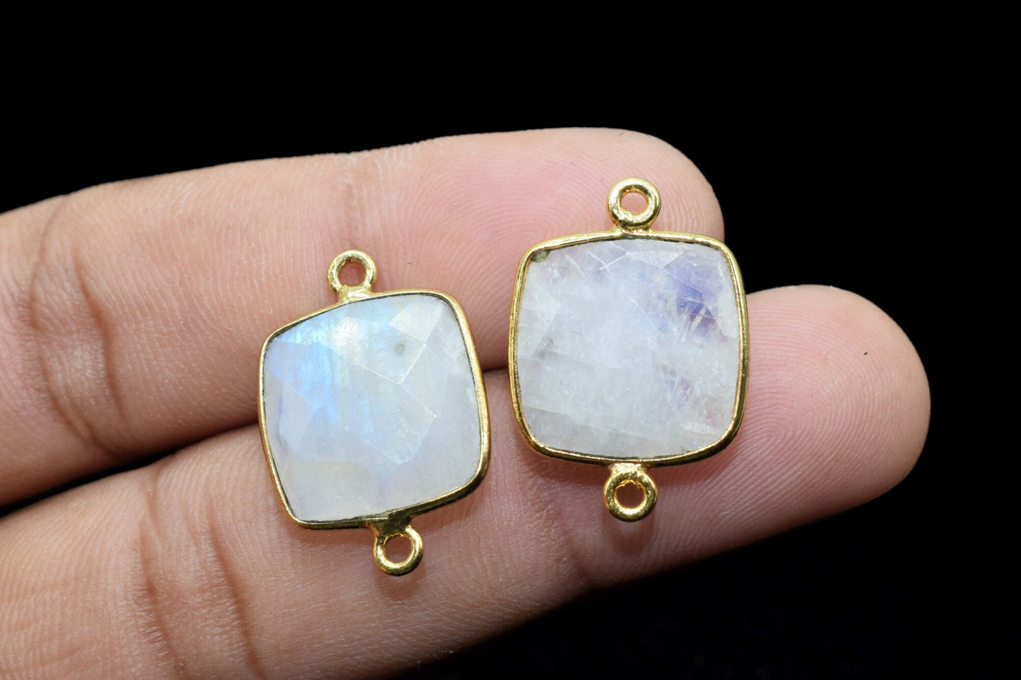 Moonstone 14mm Cushion double bail connectors,Elegant Moonstone Gemstone Components,Cushion Shape Connectors,Brass Gold Moonstone Jewelry