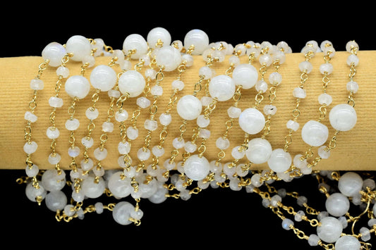 Moonstone 3mm Beaded Chain,Rainbow Moonstone round balls Rosary Chain,Gemstone Chains By the Foot for Rosary Necklace,Rosary Roll Bulk pirce