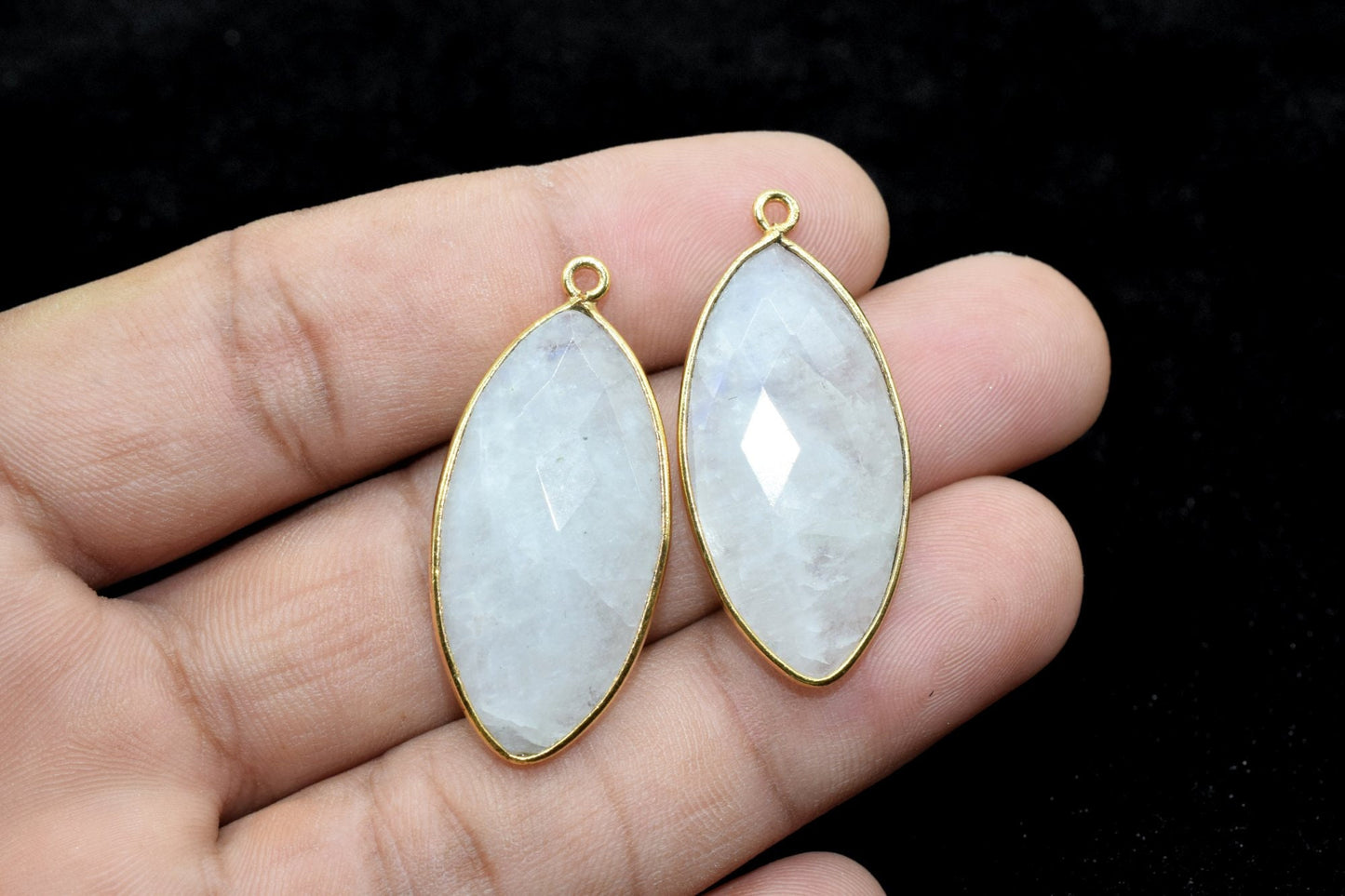 Moonstone 15x30mm marquise shape Single bail charms,Moonstone marquise Connector Pendants, White Rainbow Bezel Links, Single Bail Connectors