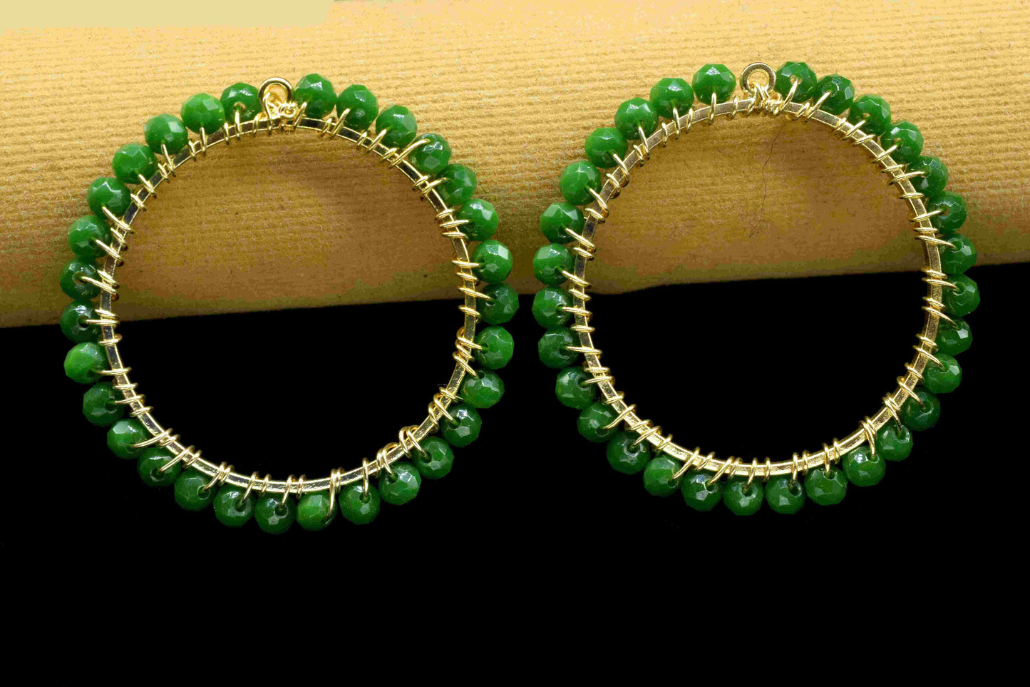 Natural Emerald Beaded Hoops Earring, Circle Pendant Component, Wire Wrapped Dangle Connector, Handmade Earring,Findings Component Jewelry