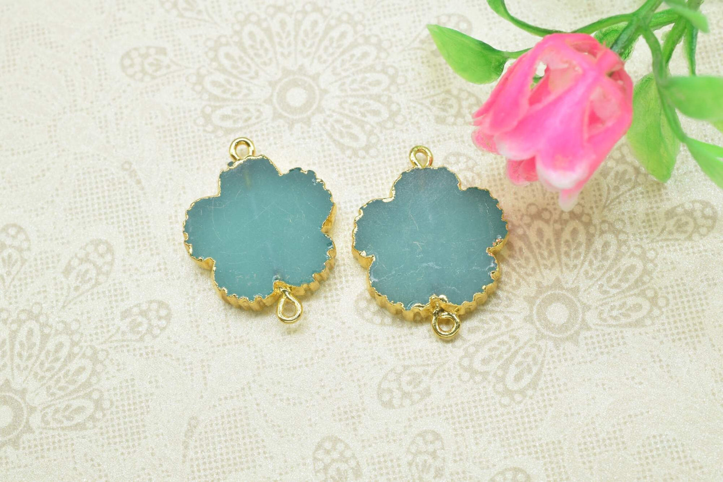Aqua Chalcedony Clover charm Pendants,Handmade Flower Pendant,Necklace Connectors Jewelry,Gemstone Electroplated Charm,Double Bail Connector
