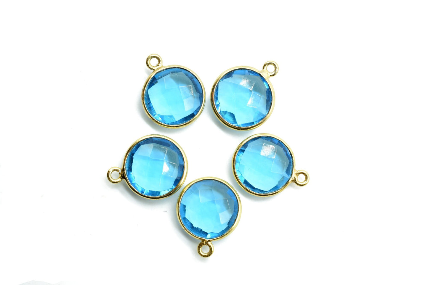 London Blue Topaz 12mm Round charm,Brass Gold Plated bezel,Blue Topaz Pendant,TeardropGold Bezel Trim Edge Faceted Gemstone,Blue Topaz charm