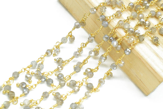 Labradorite Cluster Rosary Chain,Wire Wrapped Necklace Chain,Labradorite Coted Beads Dangling Chain,Gemstone Rosary Chain,Handmade Jewelry