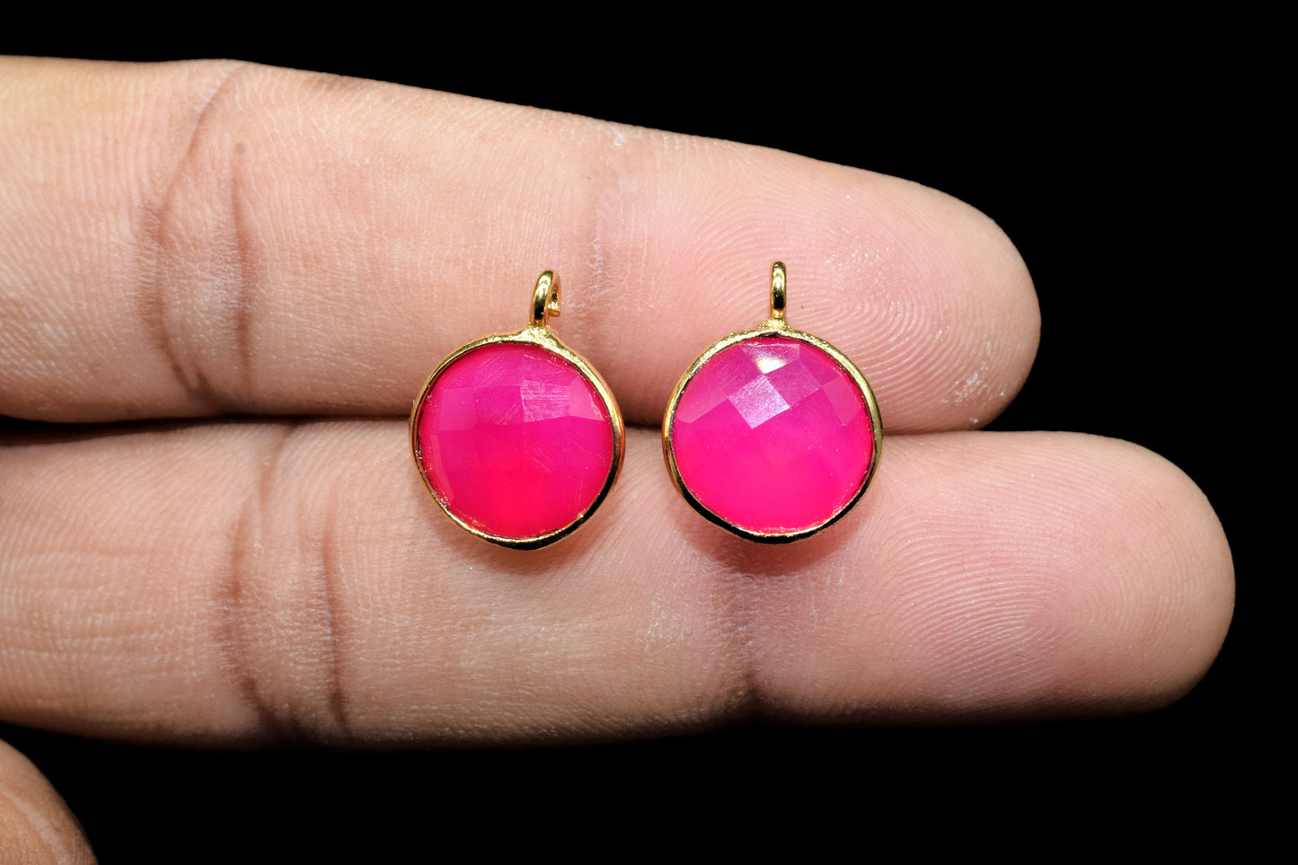 Pink Chalcedony 10mm Earring connector Stud post setting with loop hoop open bail,Hot Pink Chalcedony Round Gold Plated Earring With Loops