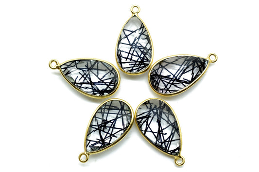 Black Rutile 12x20mm Pear shape charm,Rutile Pear pendant,Rutile Gold Plated bezel,jewelry making charm craft,Rutile Birthstone charm,jewels