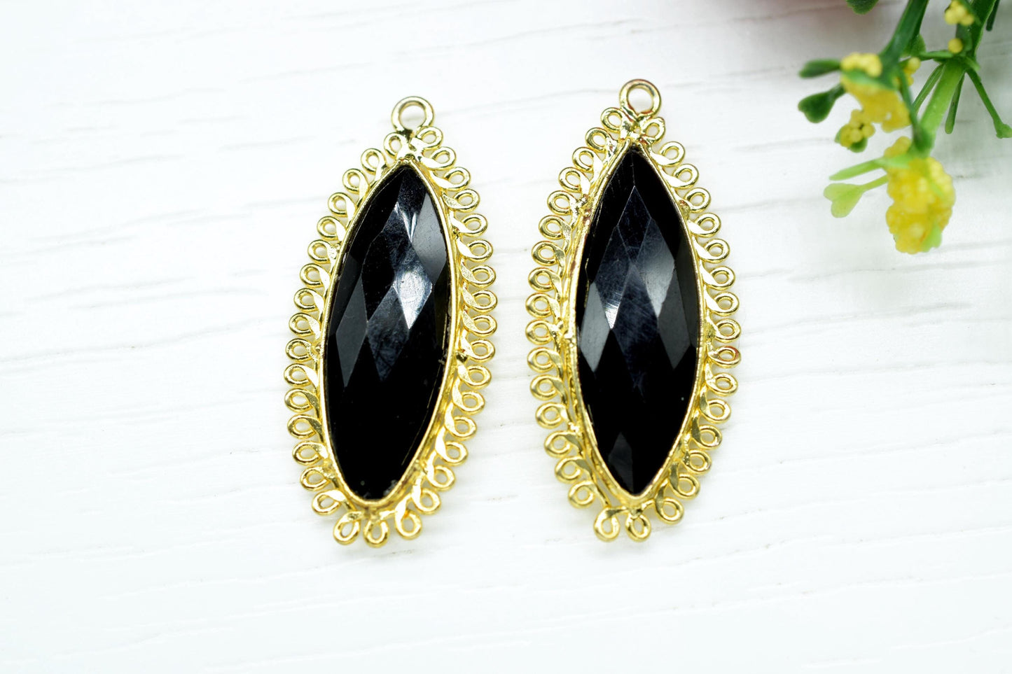 Black Onyx 10x30mm Marquise Bezel Charms,Single Bail Pendant,Handmade Jewellery Connectors,long charms,Gemstone Brass Component,Bday Gift