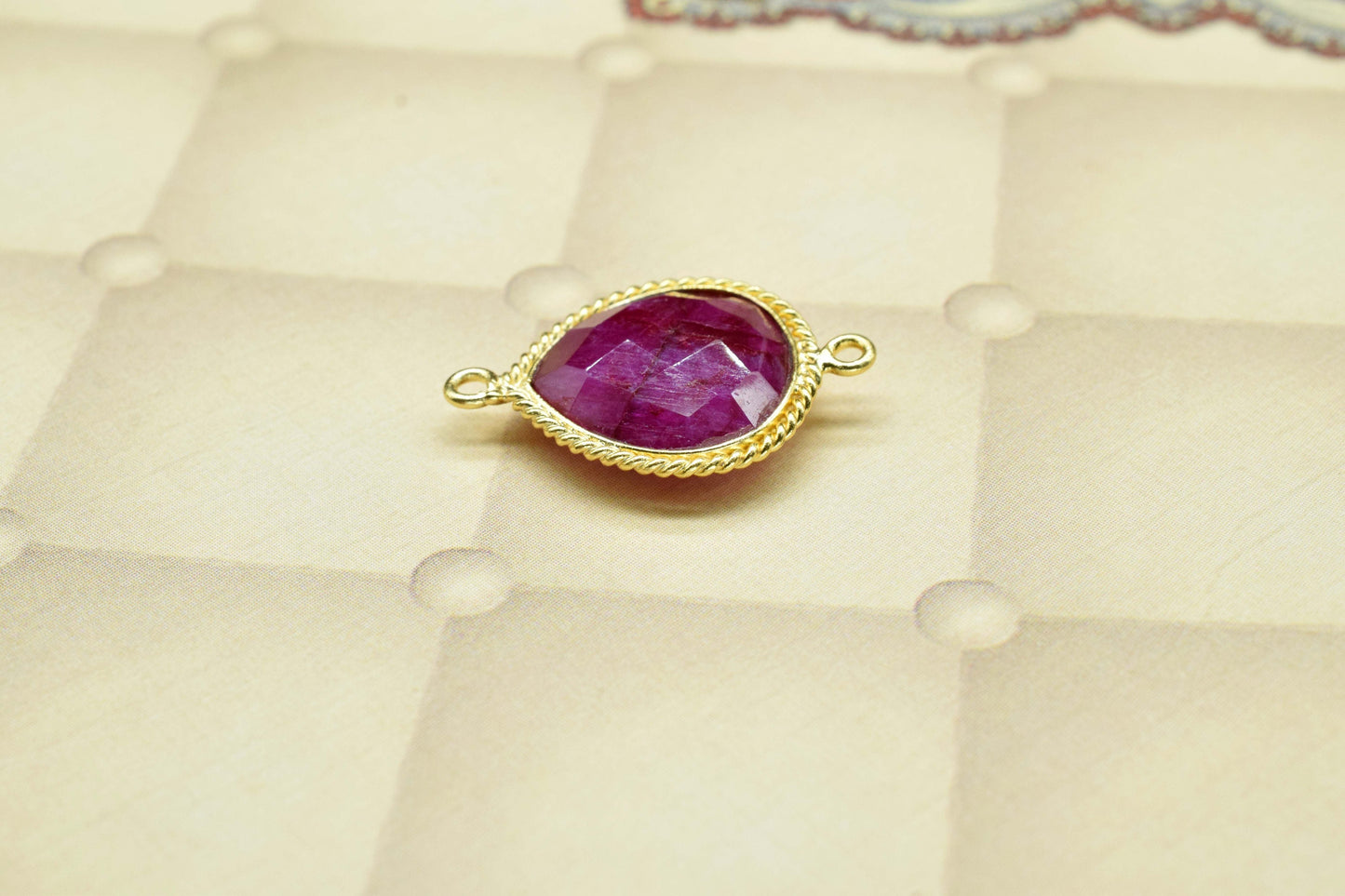 Ruby Faceted Gemstone 14mm heart shape Connectors,Ruby Gold Plating Double bail Pendant Jewelry making,Ruby Gemstone link Connector Jewelry