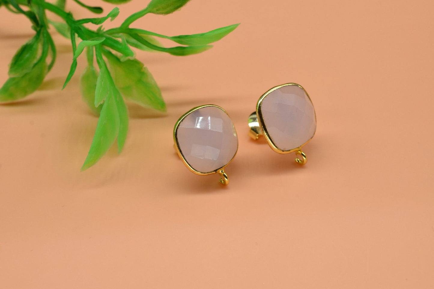 Rose Quartz 12mm cushion Earring Connector,Jewelry Making Supplies,Earring connectors post stud, Jewelry,Jewelry Finding,Gold Plated Earring