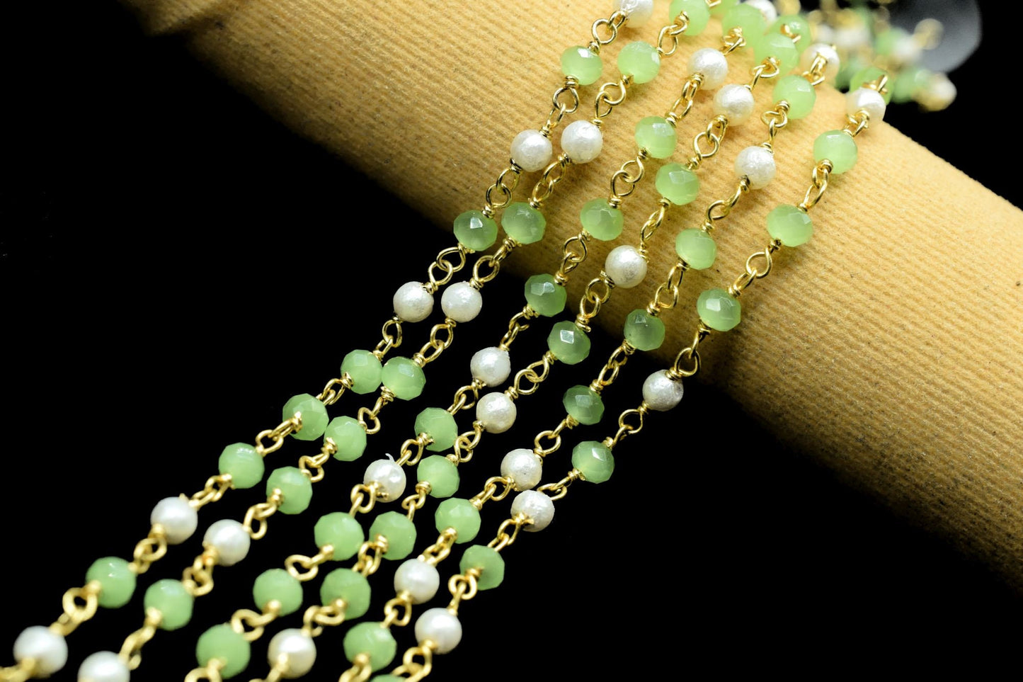 Prehnite Faceted Beads Rosary Chain,Gold Plated Wire wrapped Beaded Chain,Gemstone Beads Rosary Chain,Pearl Rosary Chain,Wire Wrapped Beads