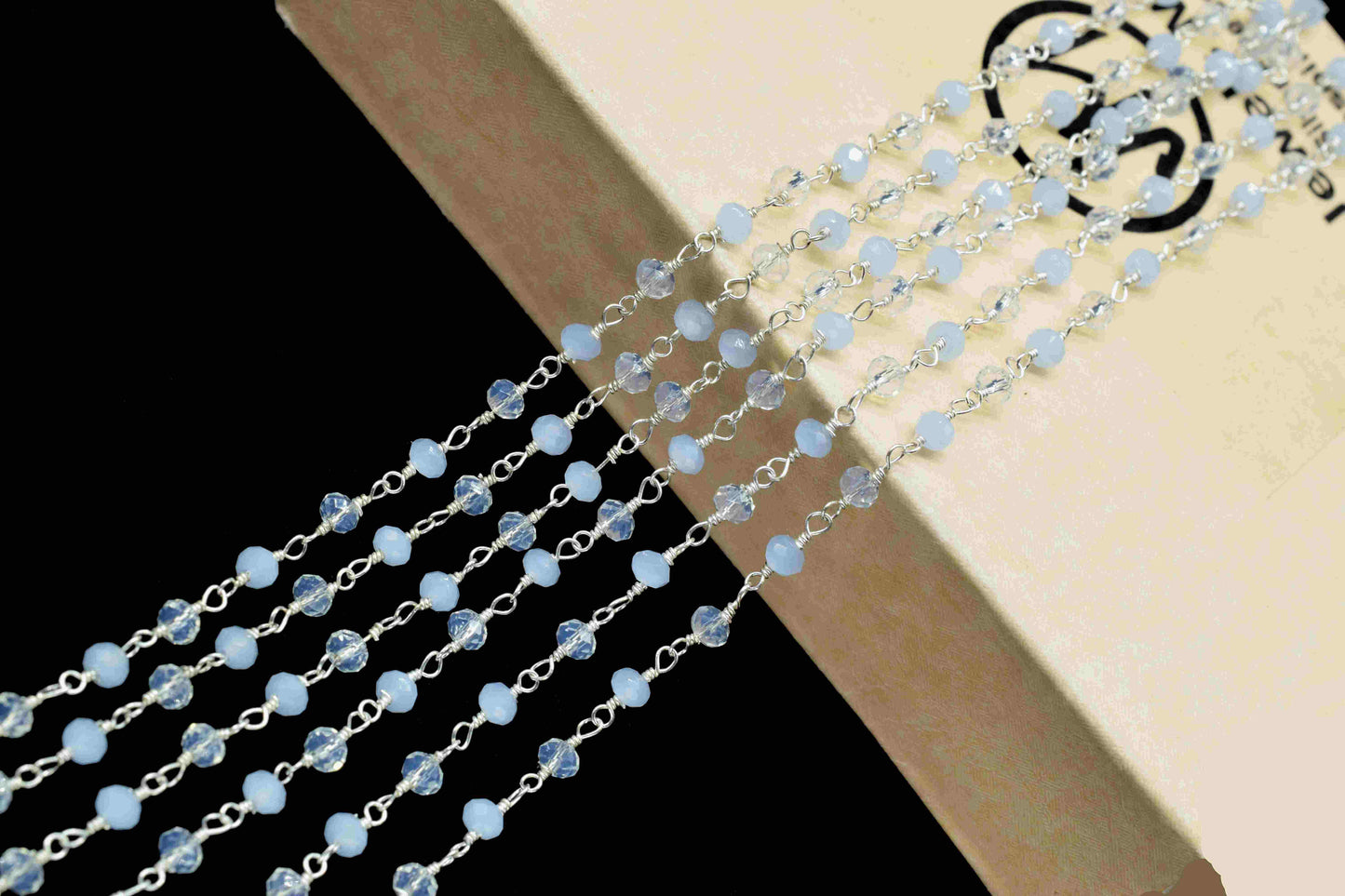 Blue chalcedony 3mm Beaded Chain,Faceted Rosary Style Beaded Chain,Wire Wrapped Rosary Chain,Blue Quartz stone links,Handmade Jewelry Making