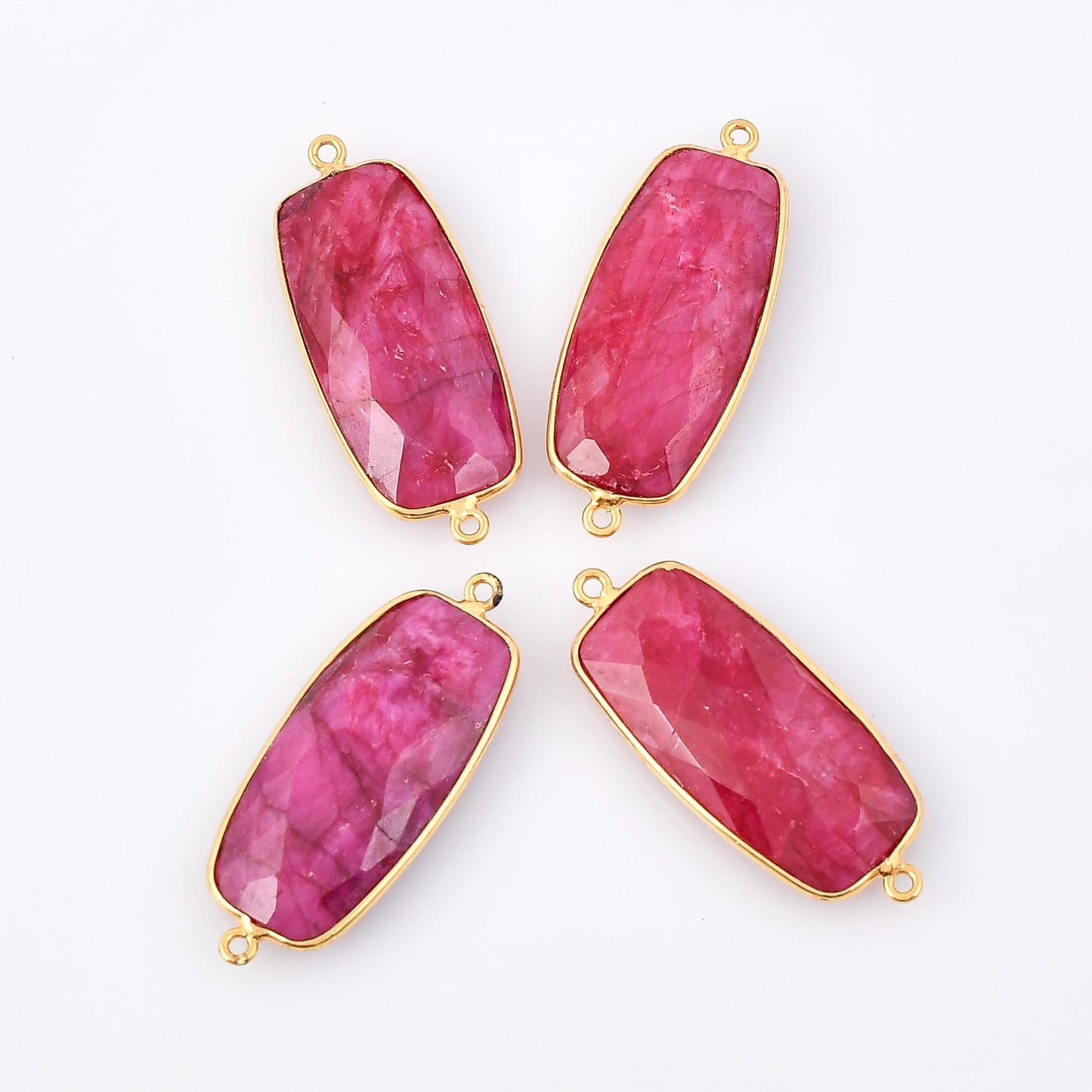Genuine Ruby 14x28mm dual connector charm,Rectangle Shape Gold Plated bezel,Gold Vermeil Bezel, jewelry making charm,Gold-Filled bezel charm