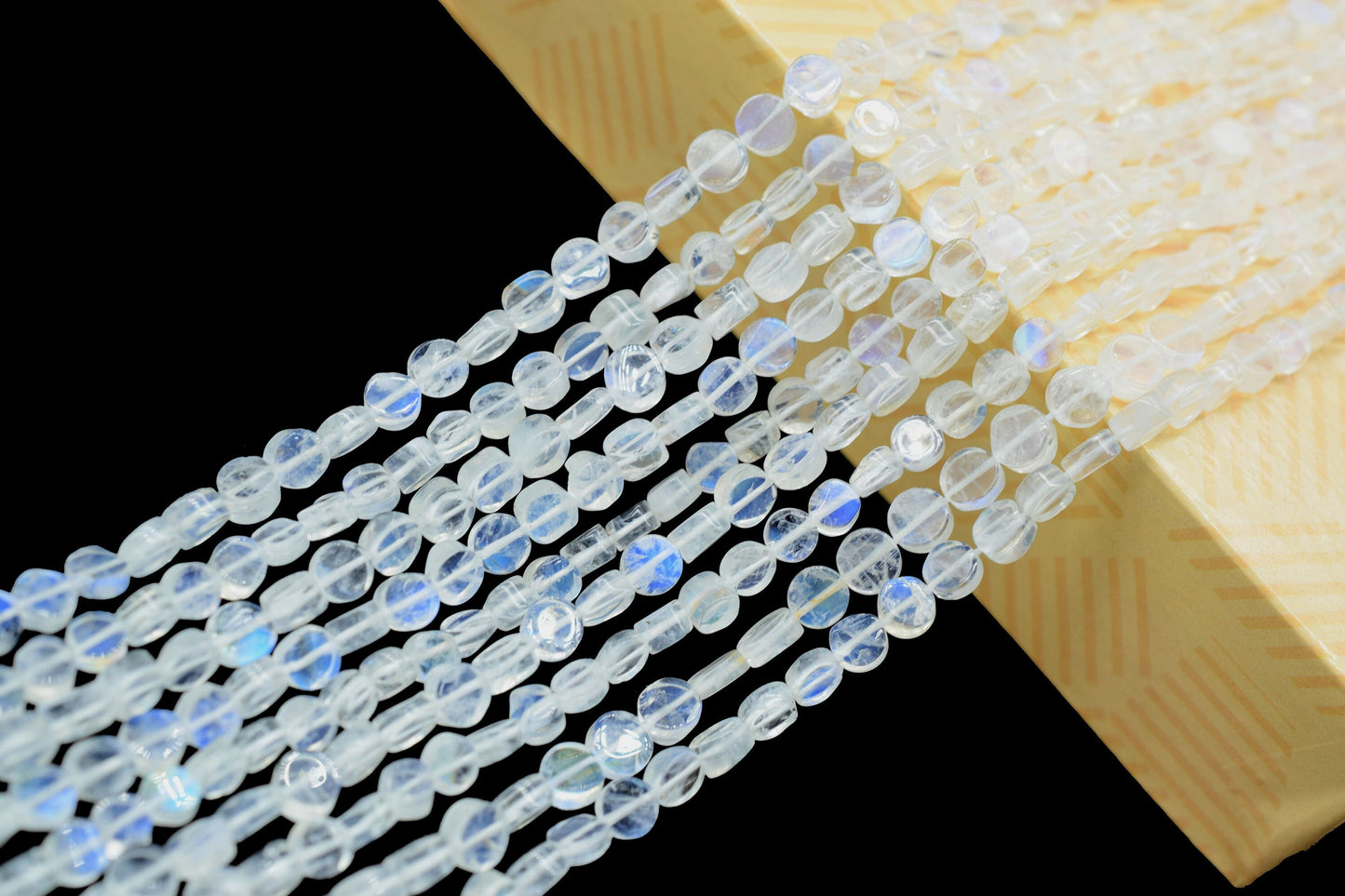 Natural Blue Fire Rainbow Moonstone Coin Beads,4 to 5mm White Rainbow Moonstone Smooth Coin Beads,AAA Moonstone Beads,Semi Precious Gemstone