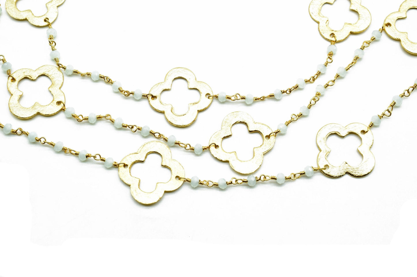 Aqua Chalcedony 3mm Beaded Chain,Aqua Chalcedony charms Rosary ,Gold Plating Wire Wrap Chain,Aqua Chalcedony Brass chain,jewelry making gift