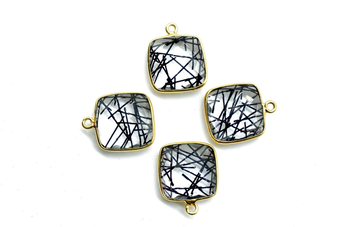 Black Rutile 14mm Cushion Bezel charm,Black Rutile Components Cushion Shape Connectors,Black Rutile Single Bail Over Brass Gold Edge Jewelry