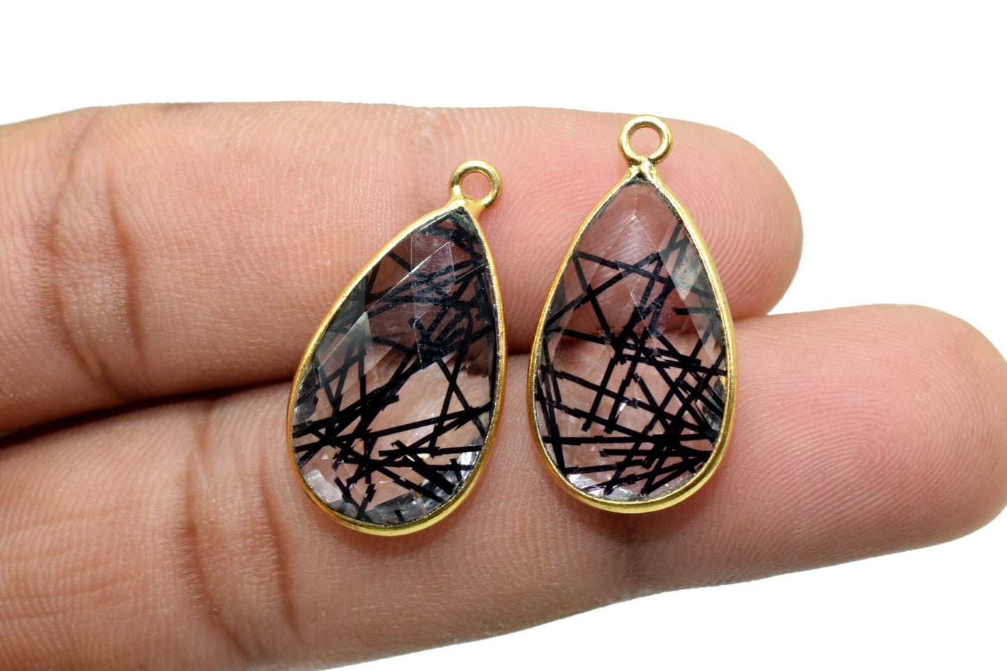 Black Rutile 12x20mm Pear shape charm,Rutile Pear pendant,Rutile Gold Plated bezel,jewelry making charm craft,Rutile Birthstone charm,jewels