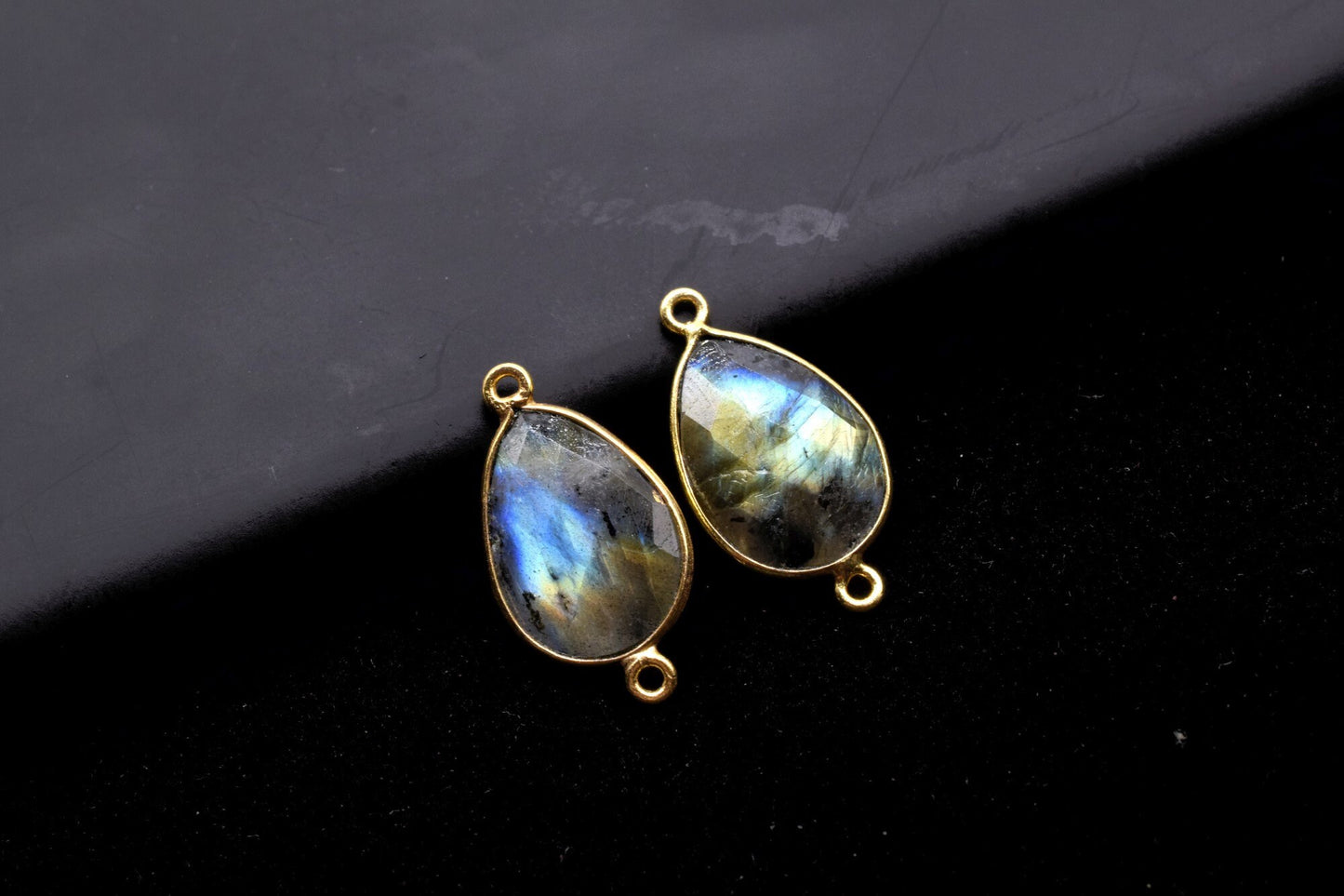 Labradorite 13x18mm Teardrop double bail connectors,Natural Labradorite Pear Checker Cut Gemstone- Pear Shape Gold Plated Bezel Connectors