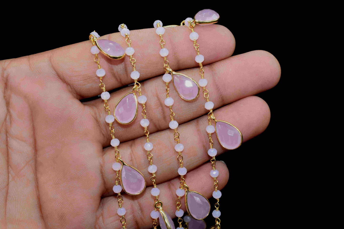 Rose Quartz 8x12mm Teardrop Shape Bezels Chain,Rose Quartz 3mm Round Shape Beads Rosary,Rose Quartz Faceted Beads Chain,Gemstone Jewelry