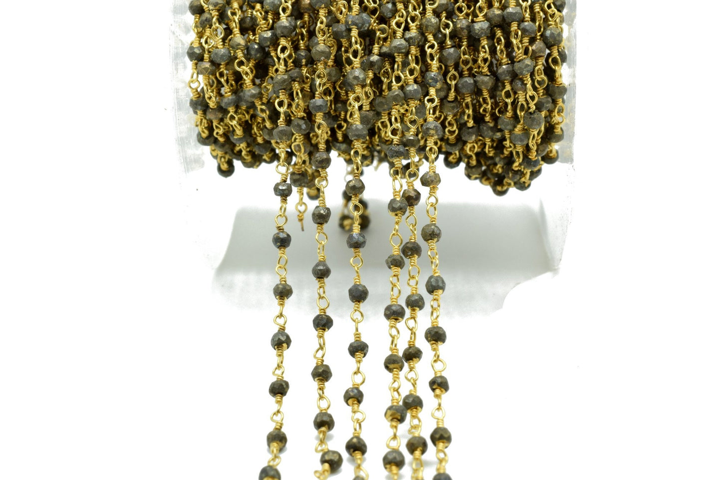 Natural Pyrite 3mm Beaded Chain,Beaded Rosary Chain,Pyrite Wrapped Brass Wire,Bracelet,Handmade Jewelry, Finding Necklace Chain In Brass