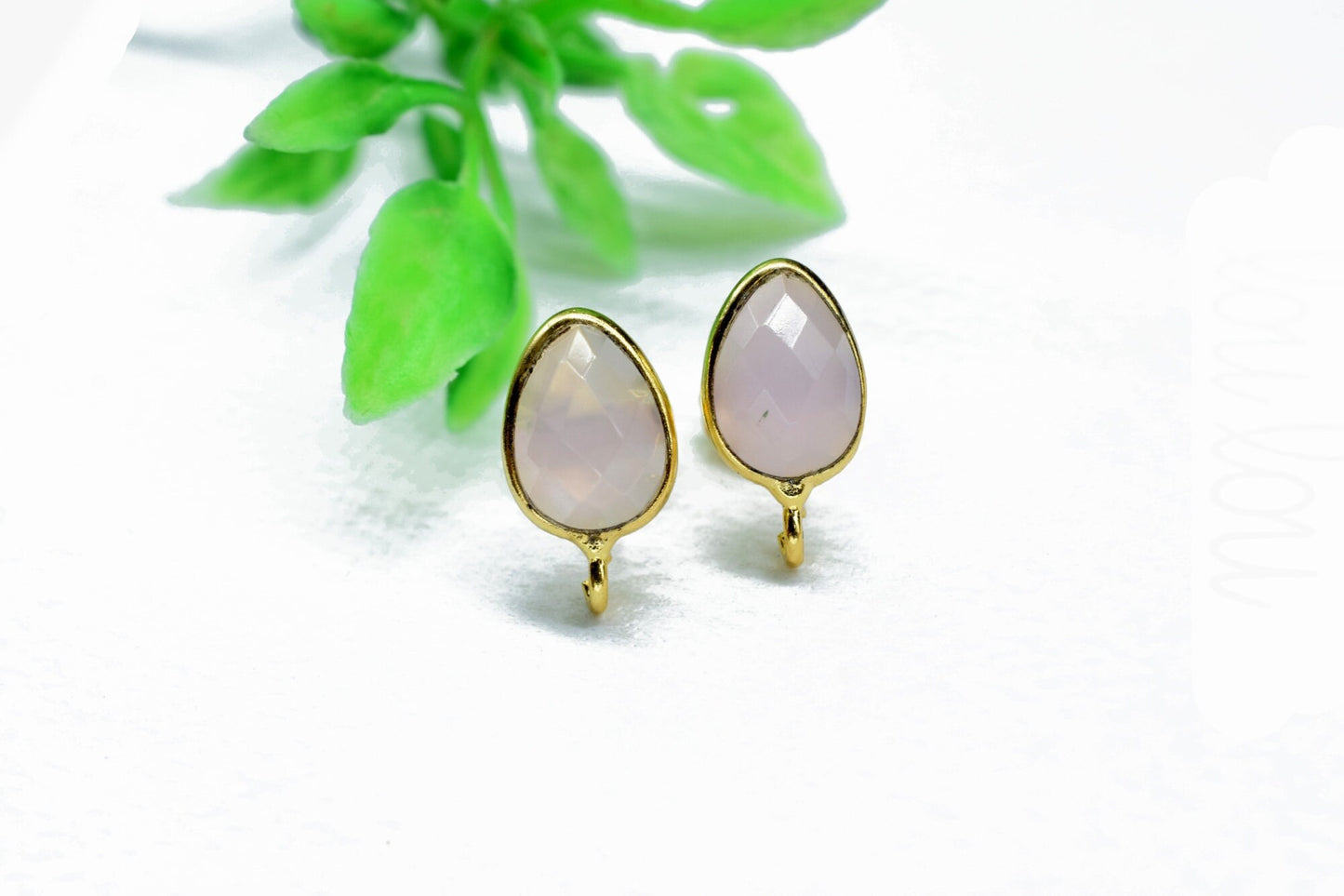 Pink Chalcedony 7x10mm Earring Connector,Gemstone Connector Post Stud,Jewelry Supply,Earring Finding,Jewelry Making Connector,Ear Post Stud