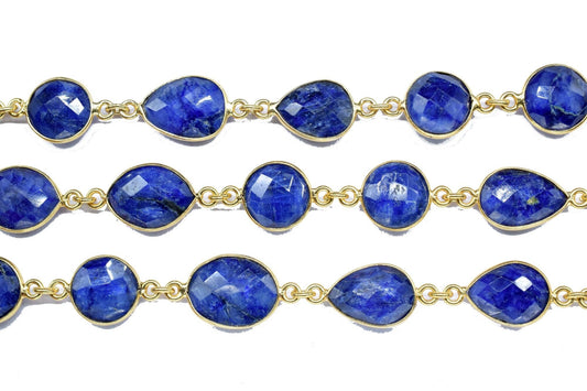 Blue Sapphire Faceted Bezel Connector, Sapphire Bezel Chain, Free Size Gemstone Connector, Jewelry Making Chain, Blue Sapphire Bezel Jewelry