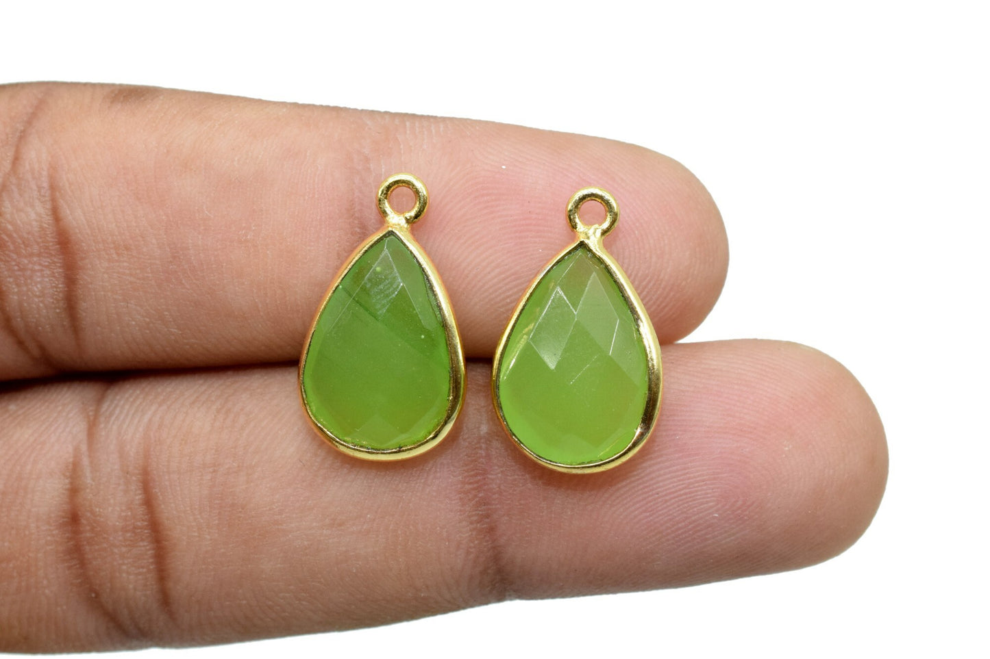 Prehnite 10x14mm Teardrop Bezel charm,Elegant Prehnite Gemstone Components Pear Shape Connectors,Single Bail Over Brass Gold Edge Jewelry