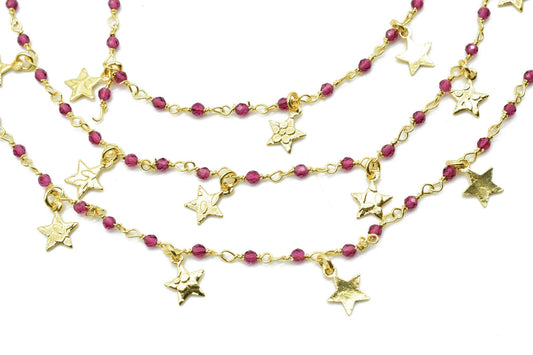 Garnet 2mm Beaded & Star Charm Chain,Garnet Rosary Chains,Garnet Gold Plating Wire Wrap Chain,Garnet Brass chain,Garnet Jewelry Making Chain