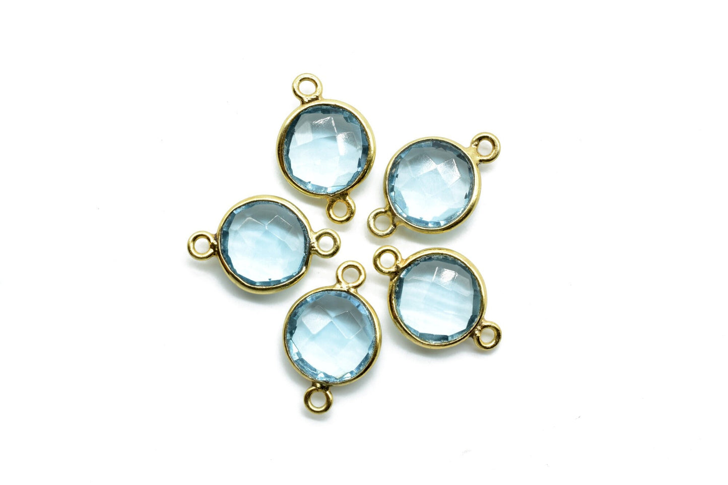 Sky Topaz 10mm Round Double loop connectors,Brass Gold Plated bezel,Sky Topaz Pendant,Sky Topaz double bail connectors,Topaz Round connector