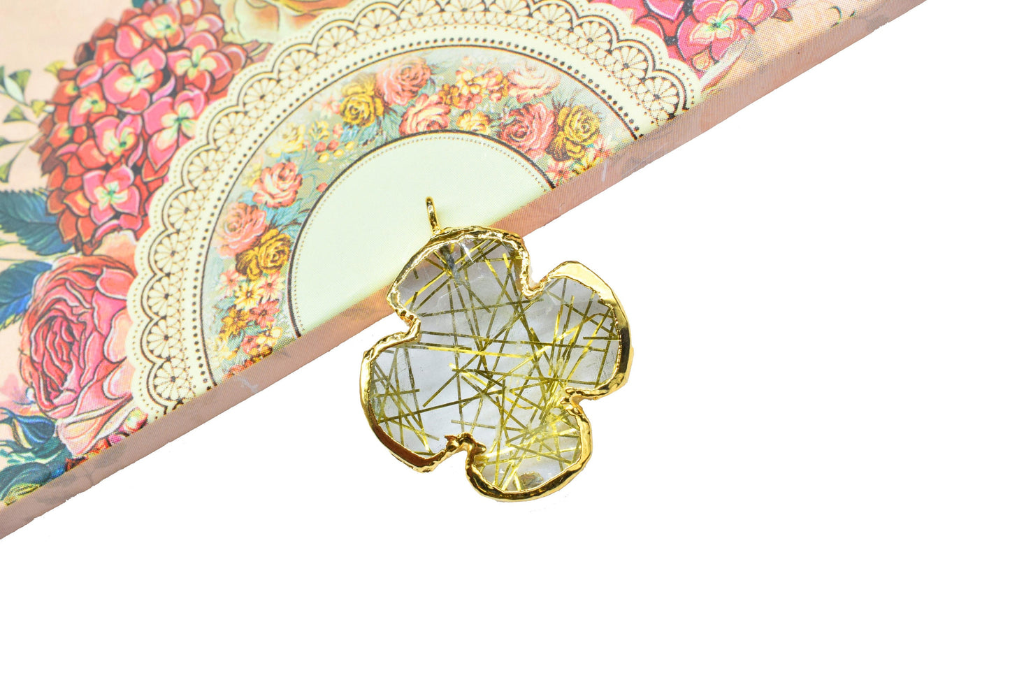 Gold Rutile Clover Shape Pendant Charms,Gold Rutile Electroplated Pendant jewelry,Gemstone Component Pendant,Handmade Earring Connector,Gift