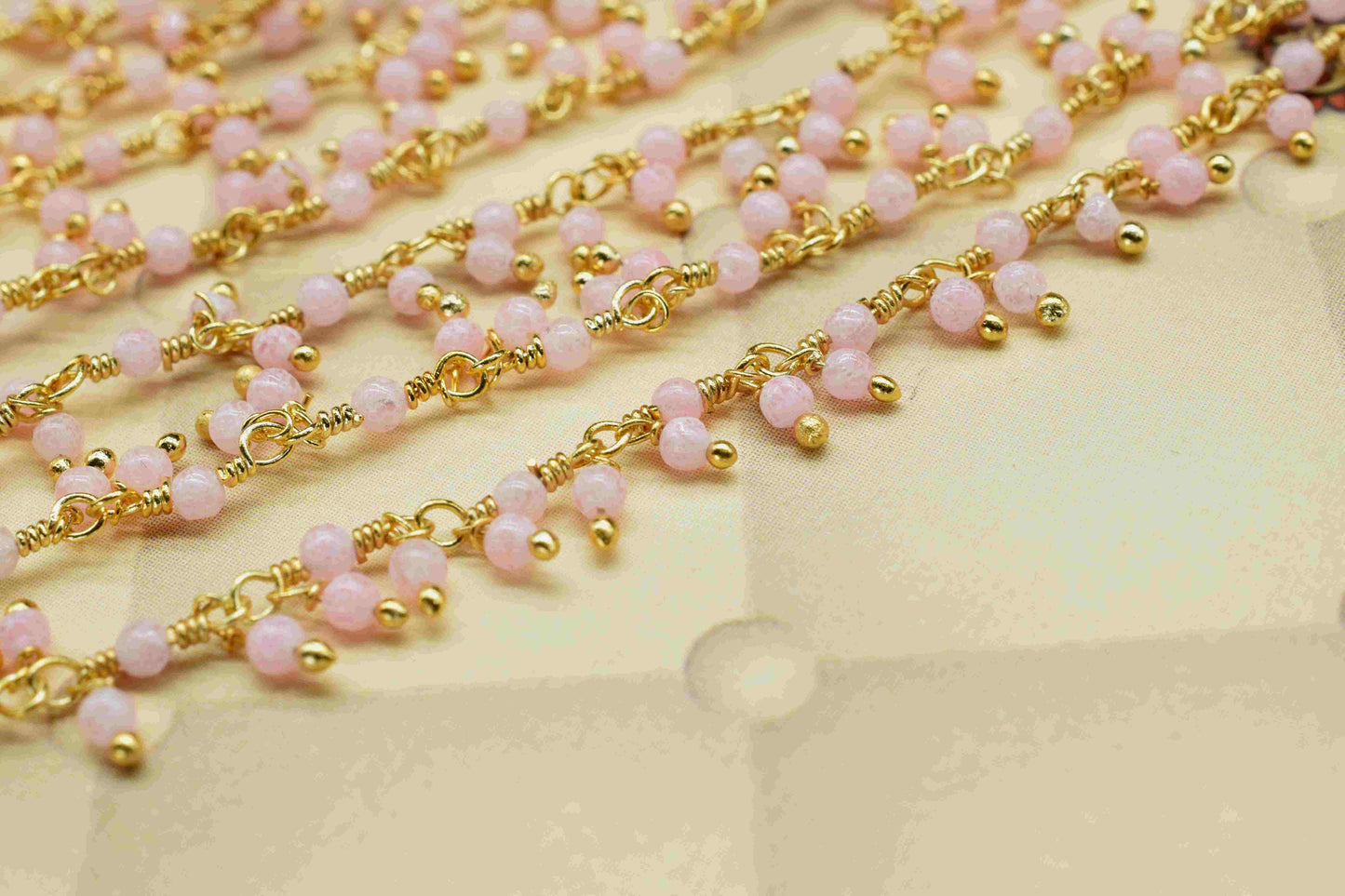 Natural Rose Quartz 2mm Round Cluster Bead Chain,Exceptional Pink Quartz Cluster Rosary,Gold Plated Wire Rosary Bead,Jewelry Making Supplies