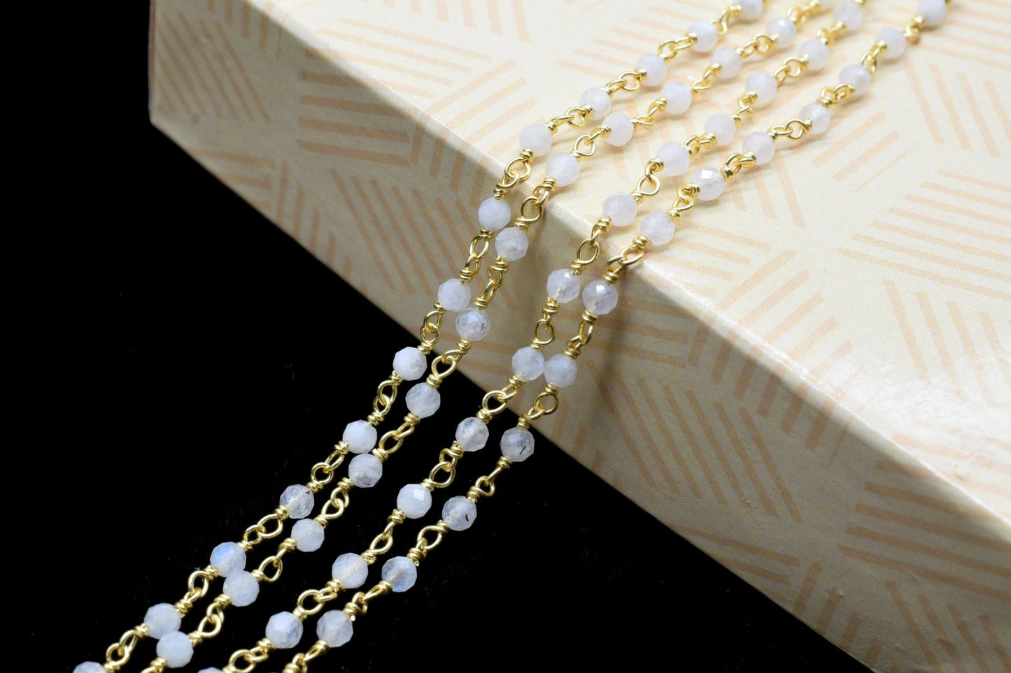 Moonstone 3mm Beaded Chain,Rainbow Moonstone Wire Wrapped Beaded Chain -Gold Rosary Style Chain -BuY in BULK,Rosary Chain,Brass Gold Plating