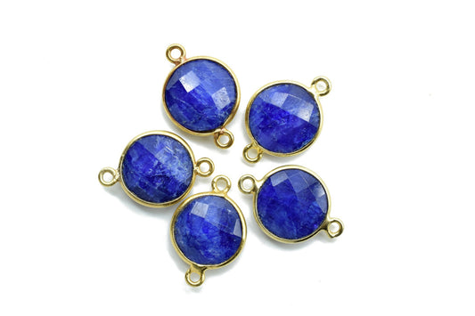 Genuine Blue Sapphire 12mm Round double bail connectors,Sapphire Round Gold Plated bezel,Jewelry making charms,Sapphire Brass connectors,