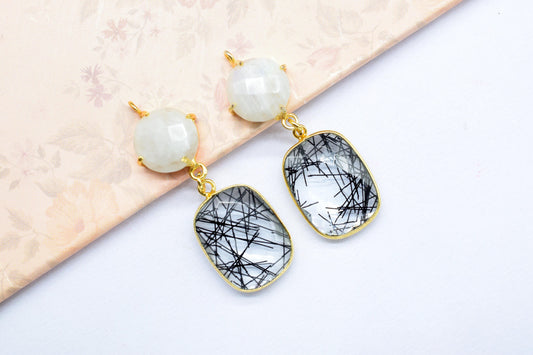 Moonstone Prong Setting Bezel Charm/Handmade jewelry/Black Onyx Connector/Earring Connector/Multi Stone Pendant/Station Bezel Link/Gift