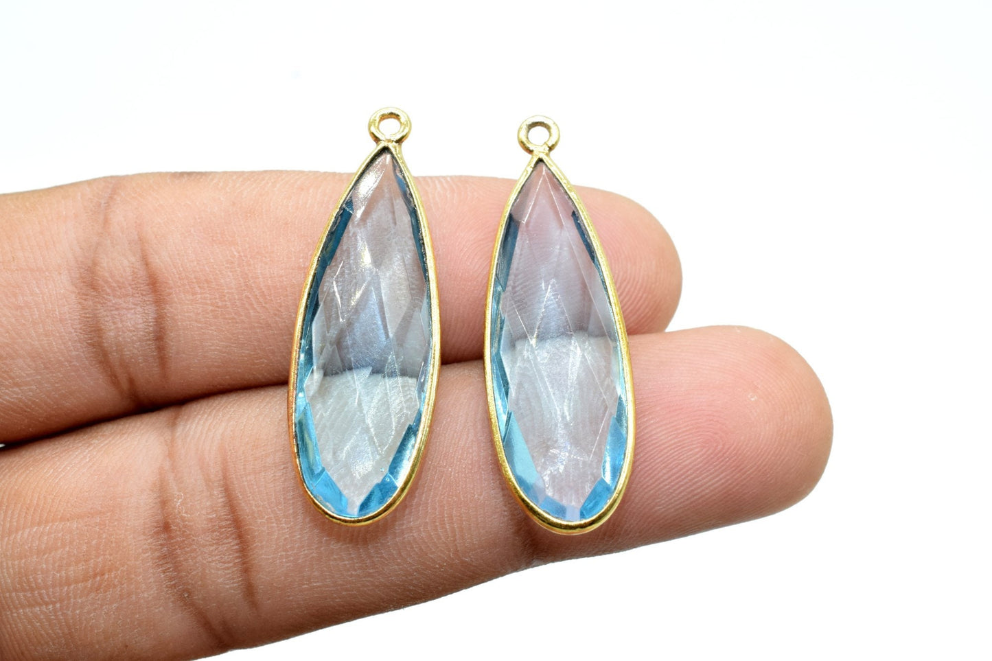 Sky Topaz 10x30mm Bezel charm,Brass Gold Plated bezel,Sky Topaz Pendant,Teardrop,Light Gold Bezel Trim Edge Faceted Gemstone,Sky Topaz charm