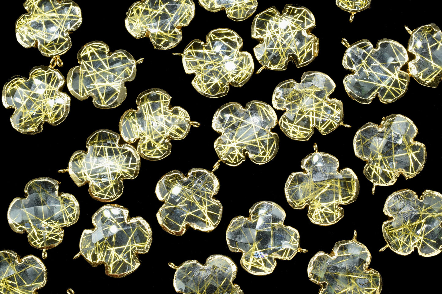 Gold Rutile Clover Shape Pendant Charms,Gold Rutile Electroplated Pendant jewelry,Gemstone Component Pendant,Handmade Earring Connector,Gift