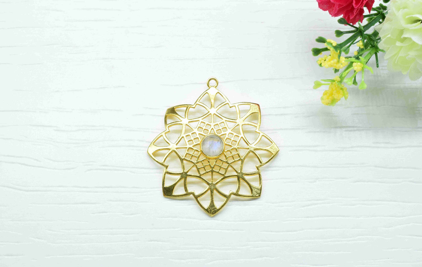 Moonstone Gemstone Component, Single Bail Charm , Moonstone Connector Pendant , Gold Plated Connectors , Pendant Jewelry , Earring Component