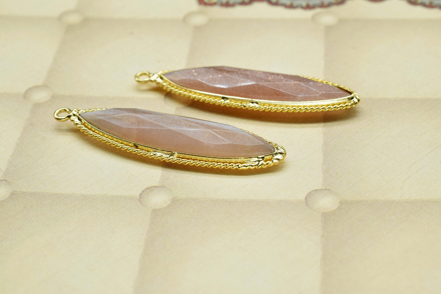 Peach Moonstone Charms 7x34mm Marquise Shape Connector,Peach Moonstone Pendants,Peach Gemstone Gold Plating Single Bail Jewelry Connector