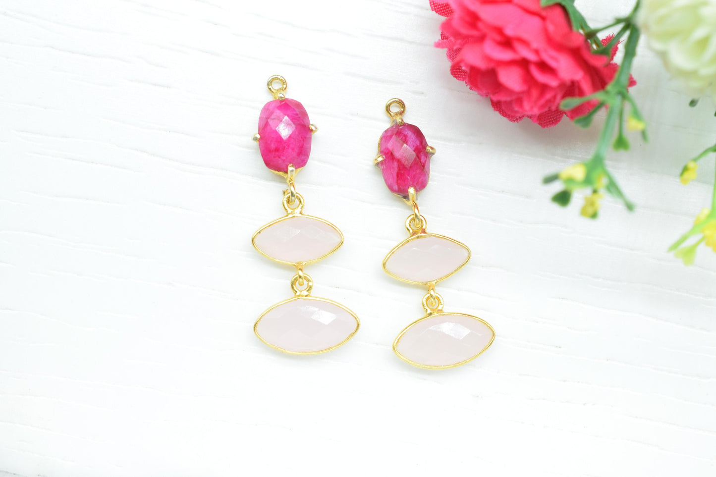 Ruby Bezel Charm Connector/Station Bezel Link Pendant/Prong Bezel Jewelry/Connector/Handmade Jewelry/Rose Quartz Quartz Pendant/B'day Gift