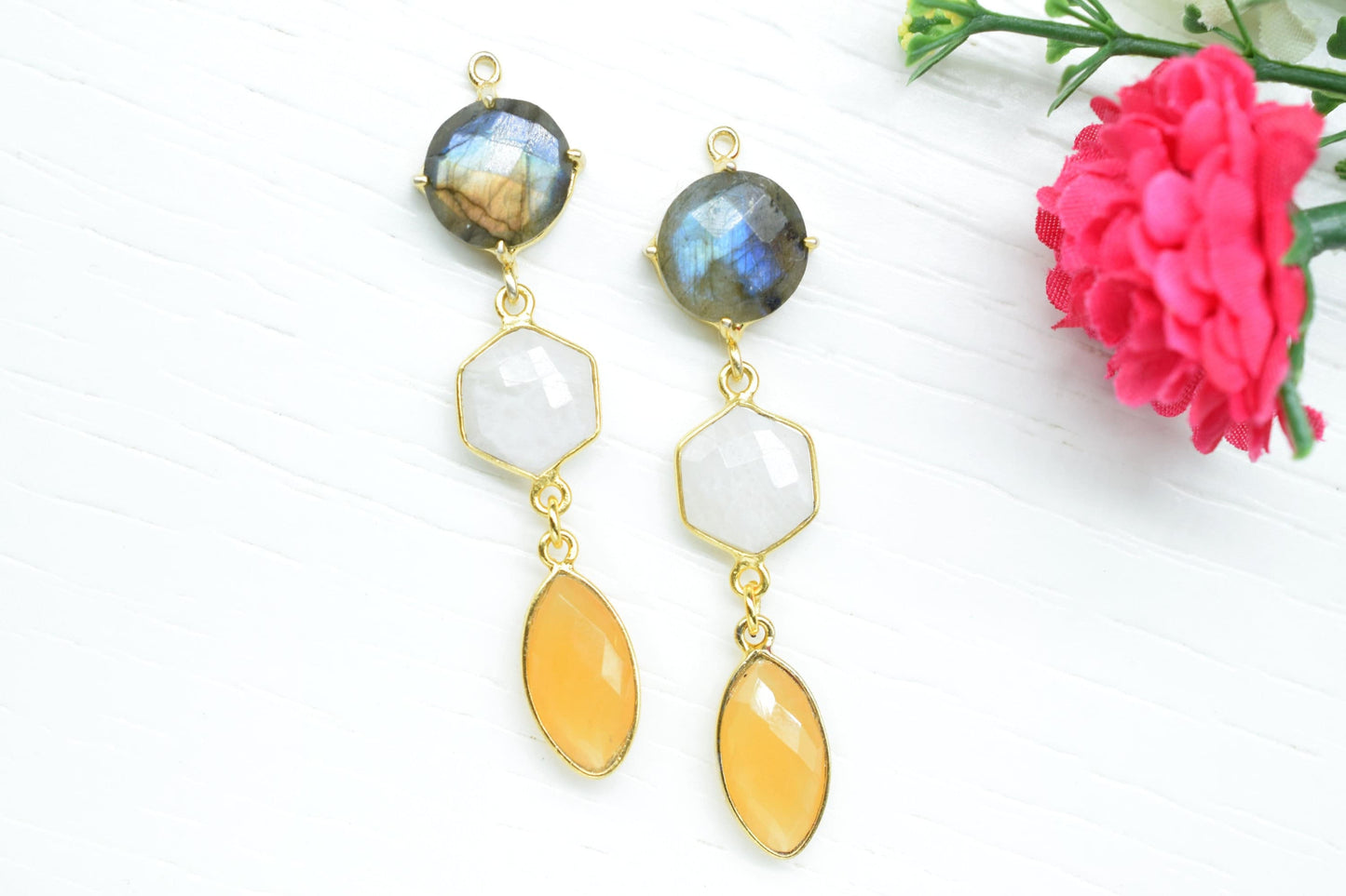 Labradorite Prong Bezel Charms Connector/Moonstone Jewelry/Earring Connector/Station Bezel Link Pendant/Handmade Jewelry/Carnelian/ Gift