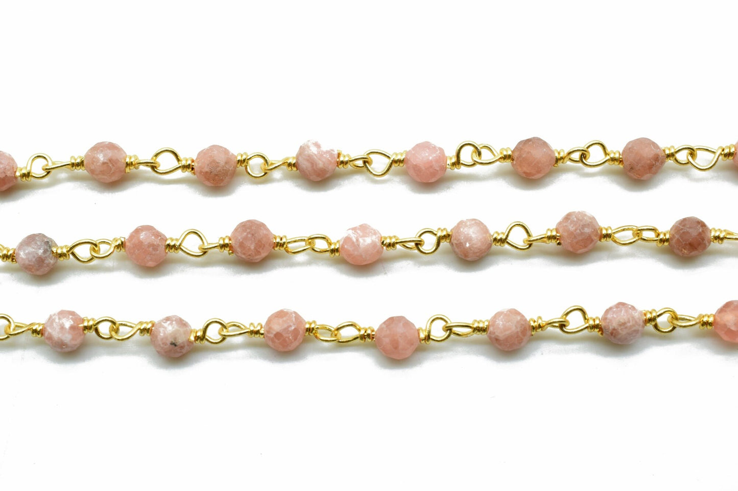 Rhodochrosite 3mm Beaded Chain,Gold Plated Wire Wrapped Rosary Chain,rhodochrosite beaded chain, stone links,antiqued gold finish rosary