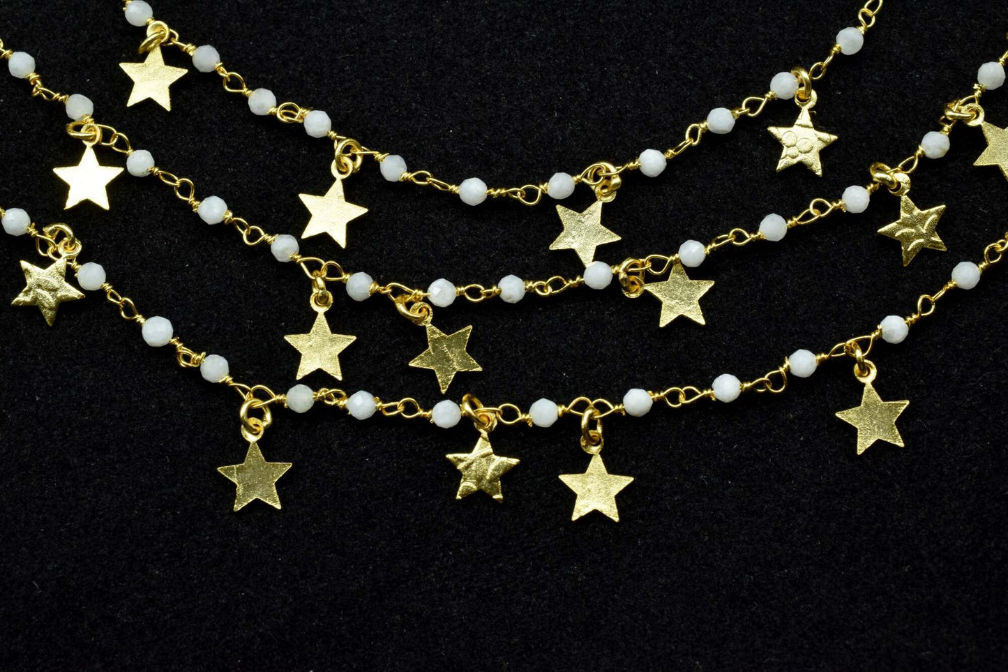 Moonstone 2mm Beaded & Star Charm Chain,Moonstone Rosary Chains,Moonstone Gold Plating Wire Wrap Chain,Brass chain,Jewelry Making Chains